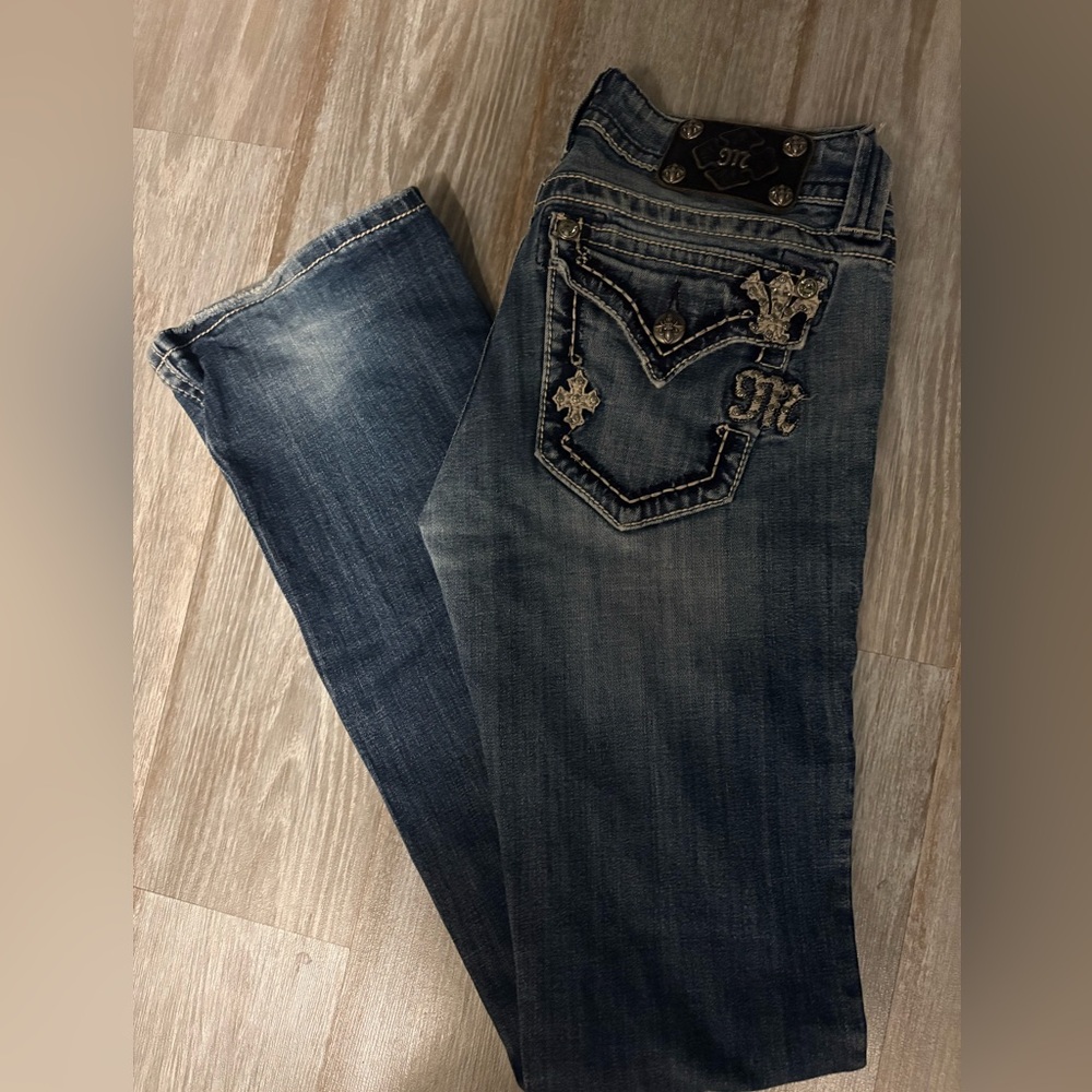 Miss Me Dark Blue Boot Cut Jeans with Silver Accents